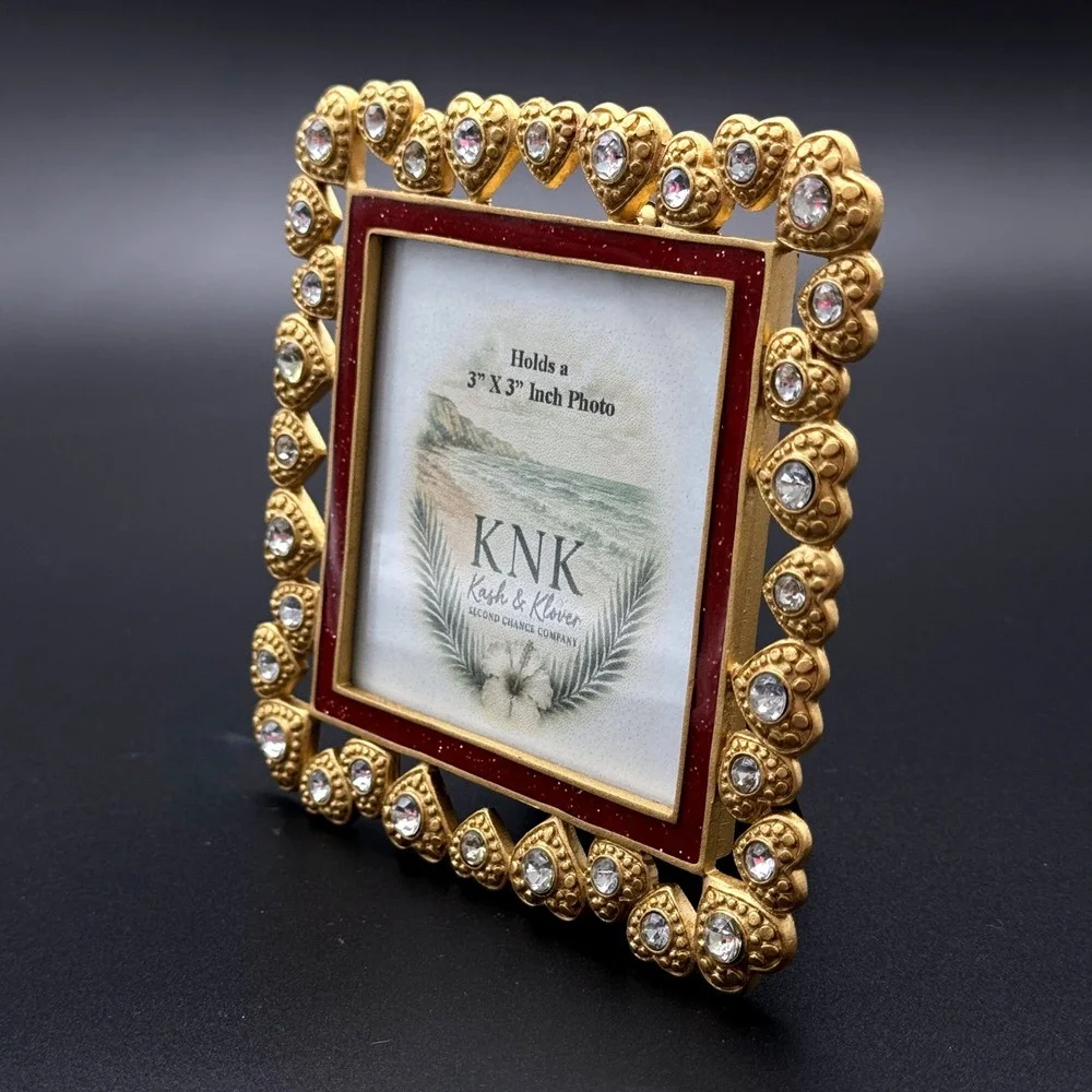 Heart‎ Rhinestone Picture Frame Unisex 3x3 Gold Red Romantic Ornate Coastal Glam